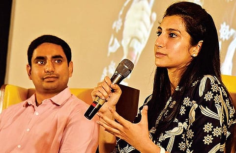 (Right) Brahmani and (Left) Nara Lokesh addressing the FICCI Ladies’ Organisation’s meet at Hotel Park in Hyderabad on Saturday | vinay madapu