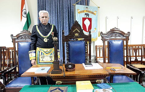 Assistant Regional Grand Master Anurag Sahae at Masonic Temple's Altar; (below) older building of the Lodge, brought down 30 years ago Manjunath S