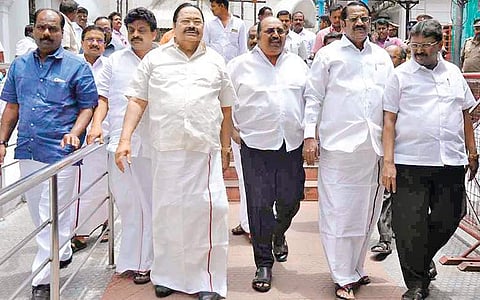 DMK’s Deputy Opposition Leader in Assembly Durai Murugan and other party MLAs walk out of the Assembly on Tuesday | Express