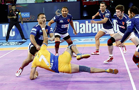 Action from the match between Tamil Thalaivas and Dabang Delhi on Thursday. | PTI