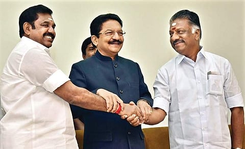 Governor Ch Vidyasagar Rao with Chief Minister ‘Edappadi’ K Palaniswami and Deputy Chief Minister O Panneerselvam in Chennai on Monday | P JAWAHAR