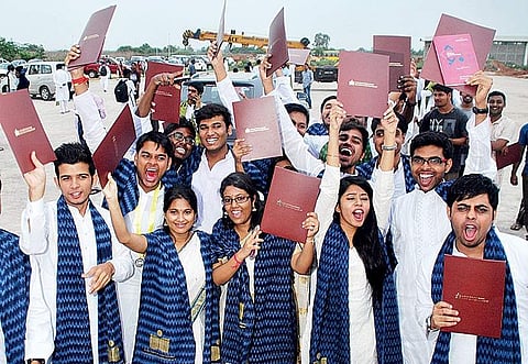 Students of IIT-H strike a pose after the convocation on Saturday | Express