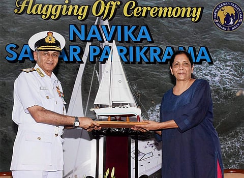 Panaji Defence Minister Nirmala Sitharaman with Chief of Naval Staff Admiral Sunil Lanba at the flagging-off ceremony of INSV Tarini an all-women crew ship that will circumnavigate the globe in Goa on Sunday. (Photo | PTI)