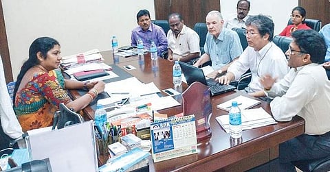 GMC commissioner Ch Anuradha speaking to JICA members in Guntur on Thursday | Express