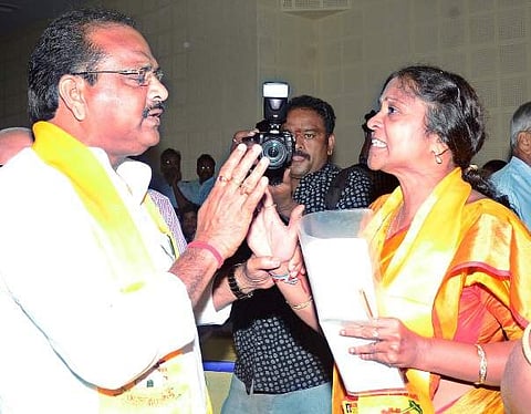 MP Thota Narasimham and corporator M Sesha Kumari involved in a heated argument in Kakinada on Saturday | Express