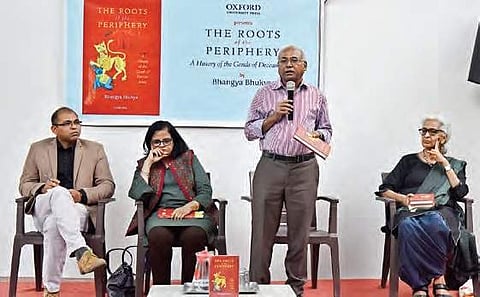 Prof Kancha Ilaiah expressing his views on ‘The Roots of the Periphery’ (Express Photo | Vinay Madapu)