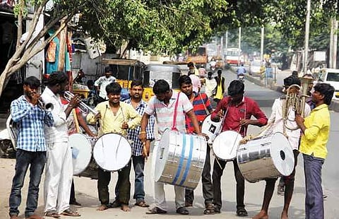 A band of drummers plays at Amberpet on Friday | Sathya Keerthi