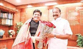 P Thangamani, Minister for Electricity, Prohibition and Excise, greeting Union Minister of Railway Piyush Goyal in New Delhi on Thursday