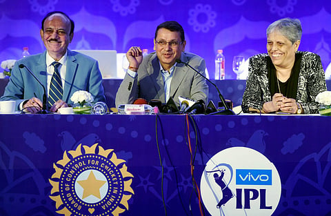 BCCI president C.K.Khanna with Star India chairman Uday Shankar and member of CoA BCCI Diana Edulji during a press conference in Mumbai on Monday. | PTI