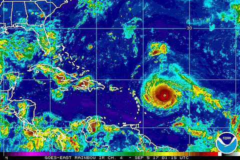 This Monday, Sept. 4, 2017, satellite image provided by the National Oceanic and Atmospheric Administration shows Hurricane Irma nearing the eastern Caribbean. | AP