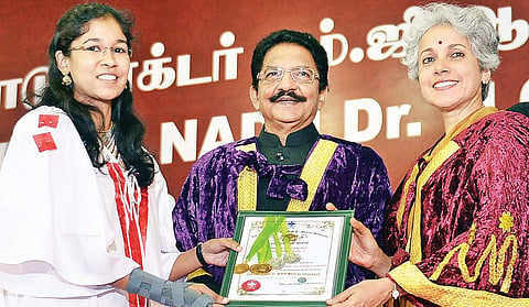 Topper Niveditha Shama (left) awarded her degree by Governor Ch Vidyasagar Rao and Soumya Swaminathan, Secretary, Department of Health Research, Union ministry, during the convocation of the TN Dr MGR Medical University on Wednesday | D SAMPATHKUMAR