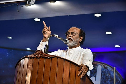 Superstar Rajinikanth during the announcement of his political entry at Shri Raghavendra Mandapam in Chennai on Sunday. (EPS | P Jawahar)