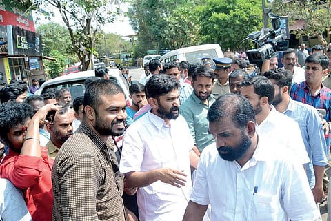V T Balram MLA arriving at Kanhirathani in Kappur panchayat, Thrithala, for the inauguration of a medical lab on Wednesday