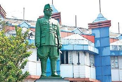 The statue of Netaji Subash Chandra Bose at PMG seen painted green Manu R Mavelil
