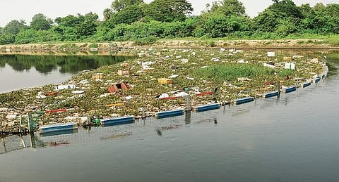Trash boom, a aluminium fence like barrier, installed on the Cooum River | d sAMPATH KUMAR