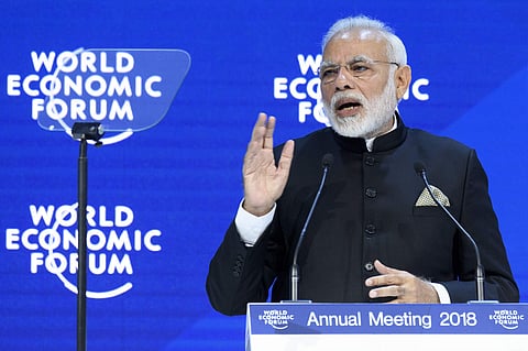 Indian Prime Minister Narendra Modi speaks during a plenary session in the Congress Hall the opening day of the 48th Annual Meeting of the World Economic Forum, WEF, in Davos, Switzerland, Tuesday, Jan. 23, 2018. (Photo | AP)