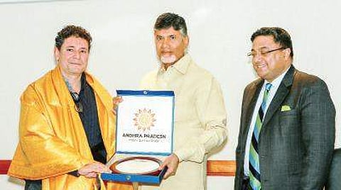 Chief Minister N Chandrababu Naidu with Pioneering Ventures chairman Ron Paul in Zurich on Monday | Express