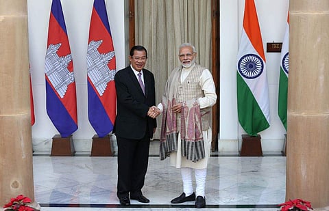Prime Minister Narendra Modi with Cambodian Prime Minister Hun Sen before their meeting in New Delhi on Saturday | PTI Photo