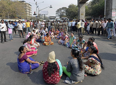 Dalit groups protesting in Mumbai against the violence in Bhima Koregaon area of Pune on Tuesday. (PTI)