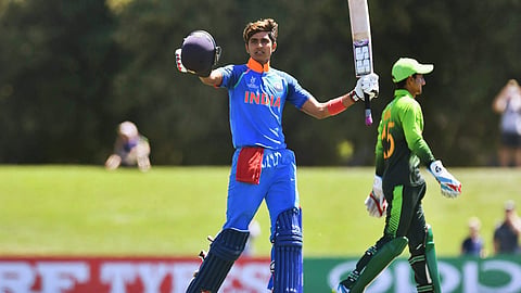 India's Shubman Gill celebrates his century during the semi-final match against Pakistan at the ICC Under-19 World Cup in Christchurch on Tuesday. | PTI