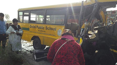 At least four children were killed and eight were critically injured when a Delhi Public School (DPS) bus they were travelling in collided head-on with a truck. (Photo: EPS)