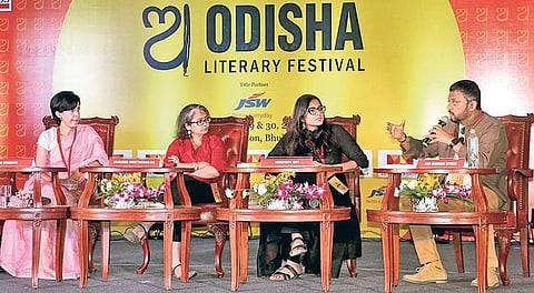 Ira Mukhoty, Manjima Bhattacharjya, Devapriya Roy and Ravi Shankar Etteth engaged in a discussion | Express