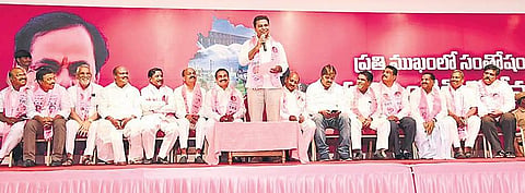 TRS leader KT Rama Rao speaking at Telangana Bhavan during the induction of various leaders from Vysya community, Congress and BJP from Kamareddy and Yellareddy constituencies, in Hyderabad on Sunday | Express photo