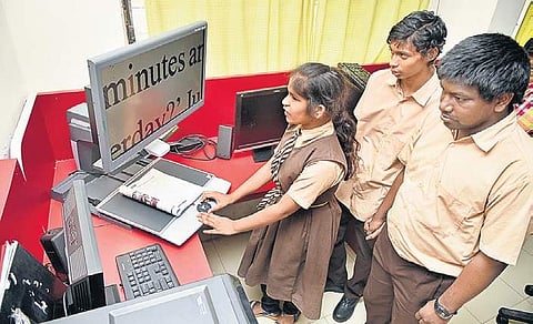 Screen reading softwares are used to allow blind students use computers at Devnar School for the Blind | R Satish Babu