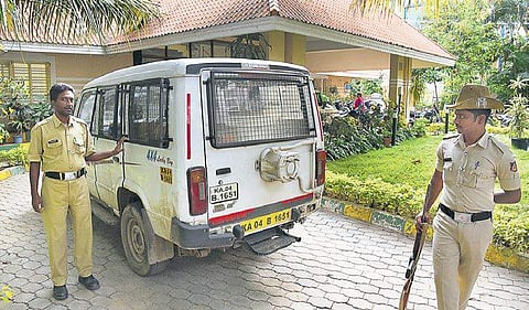 The cash van parked outside Banaswadi police station on Thursday | Vinod Kumar T