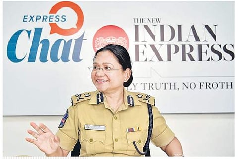 Swati Lakra, Inspector General of Police (Women's Safety), interacts with the TNIE's editorial team as part of Express chat, in Hyderabad. (Photo | R Satish Babu/EPS)