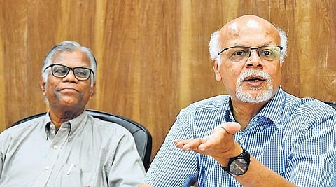 IISER Director (right) K N Ganeshan addresses the media in Tirupati on Tuesday | Madhav K