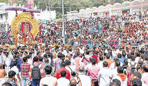 The idol of Lord Venkateswara being taken in procession on Surya Prabha Vahanam at Tirumala on Tuesday | Madhav K