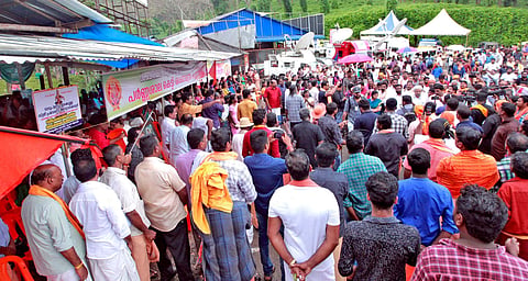 Devotees protesting against the court verdict at Nilakkal on Tuesday. (Photo | EPS)