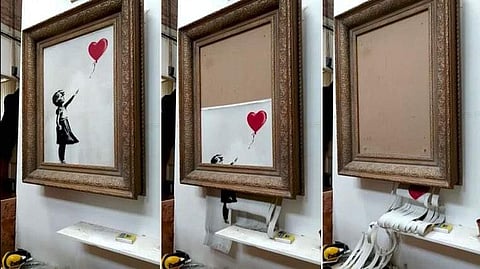 Artist Banksy's 'Girl with Balloon' pictured here with the before and after it was shredded images. (Photo | Twitter)