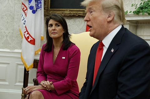 President Donald Trump speaks during a meeting with outgoing US Ambassador to the United Nations Nikki Haley in the Oval Office of the White House, Tuesday, Oct. 9, 2018, in Washington. (Photo | AP)