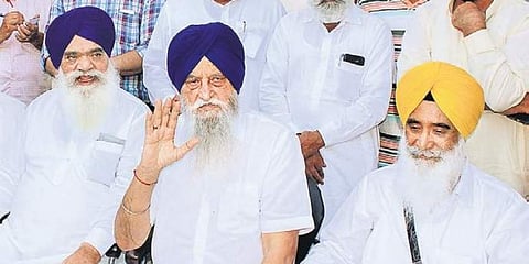 Senior Akali leaders Ranjit Singh Brahampura, Rattan Singh Ajnala, Sewa Singh Sekhwan address the media in Amritsar on Sunday| pti