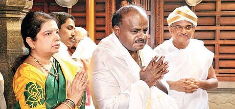 Karnataka CM H D Kumaraswamy, his wife Anitha Kumaraswamy and Dharmadhikari Veerendra Heggade in Dharmasthala (File Photo| EPS)