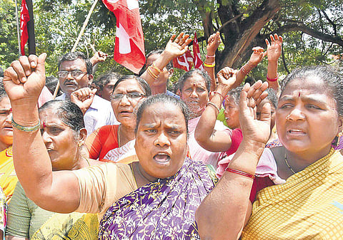 Sanitation workers take out a rally demanding cancellation of GO 279 in city on Thursday | P Ravindra Babu