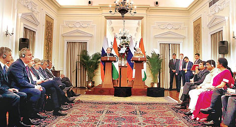 Russian President Vladimir Putin and Prime Minister Narendra Modi at a joint Press conference at Hyderabad House in New Delhi on Friday | Shekhar yadav