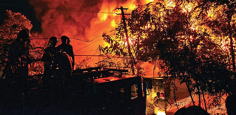 A major fire that broke out at an industrial centre at Manvila in Thiruvananthapuram on Wednesday night. Fire broke out first at a plastic manufacturing unit | B P Deepu