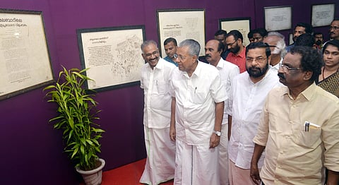 Chief Minister Pinarayi Vijayan takes a look at the archival material of Kerala’s Renaissance movement at the exhibition organised as part of the anniversary of Temple Entry Proclamation at VJT Hall in Thiruvananthapuram on Friday | Vincent Pulickal