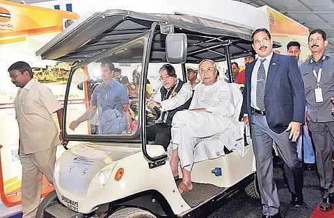 Chief Minister Naveen Patnaik going around an exhibition at the conclave in Bhubaneswar on Sunday | Express