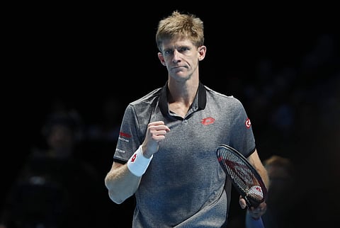 Kevin Anderson of South Africa celebrates after defeating Kei Nishikori of Japan, 6-0, 6-1, during their ATP World Tour Finals tennis match at the O2 arena in London. (Photo | AP)