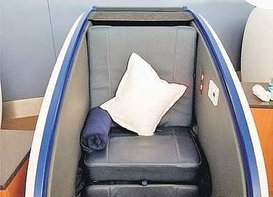 The pod, which is like a mini bed, has charging points as well as a safe spot for storing hand baggages.