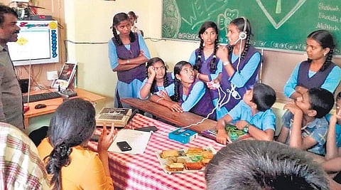 Children at government higher primary school in Nagavalli village record for Namma School Radio station | EXPRESS