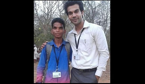 Mangal Kunjam with Rajkummar Rao on the sets of Newton. (Photo | Facebook)