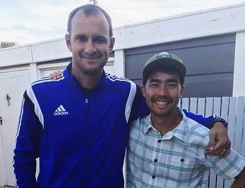 American adventurer John Allen Chau, right, stands for a photograph with Founder of Ubuntu Football Academy Casey Prince. (Photo: AP)