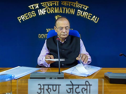 Finance Minister Arun Jaitley after addressing a press conference on Cabinet meeting in New Delhi Thursday. (Photo | PTI)