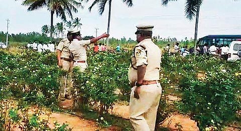 Police inspect the farm land where the body of Harish was found | express