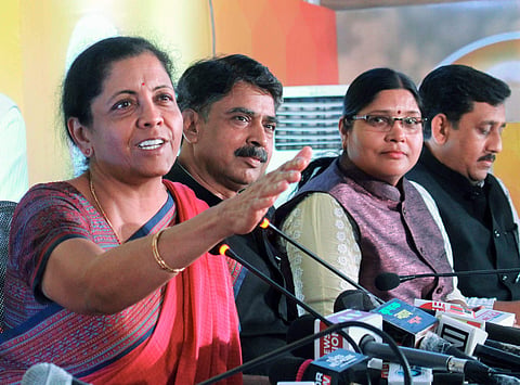 Union Defence Minister Nirmala Sitaraman talks to the media persons at BJP Media Centre in Bhopal Friday November 23 2018. | PTI